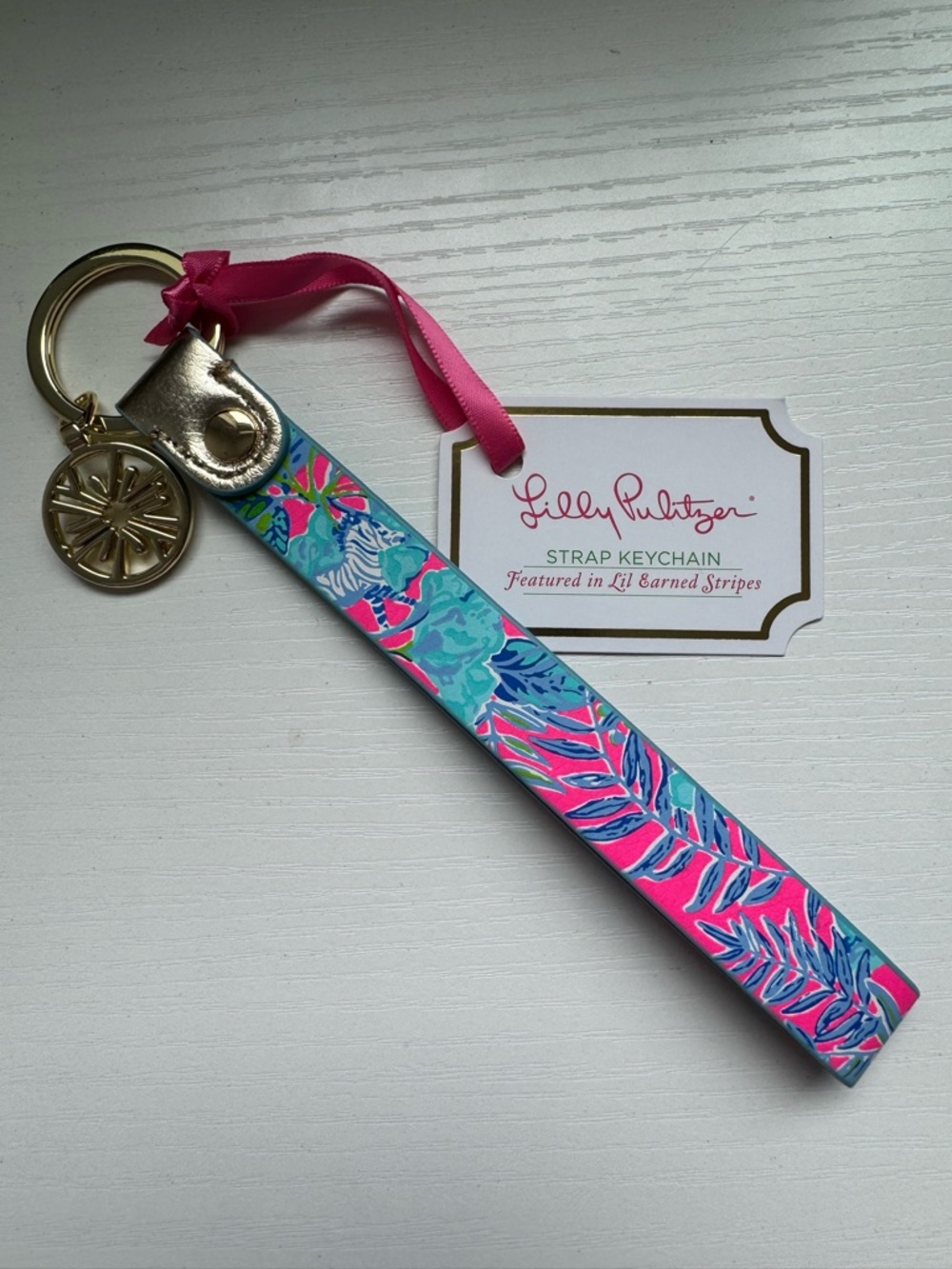 Lilly Pulitzer Pink & Aqua Tropical Wristlet Keychain - Picture 2 of 3